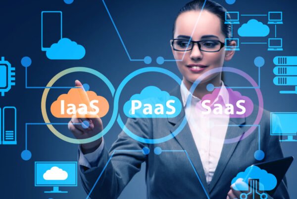 Businesswoman with PAAS IAAS SAAS display on screen