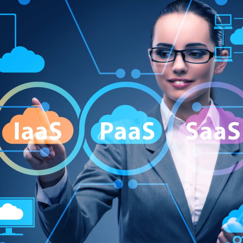 Businesswoman with PAAS IAAS SAAS display on screen